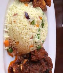 Chinese Fried Rice, plantain, and Goatmeat 